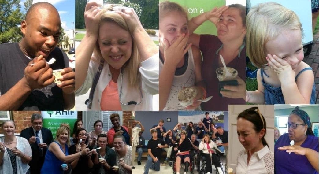 photo made up of 8 photos of people doing the brain freeze challenge