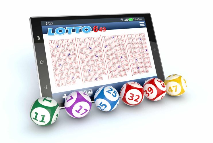 tablet pc with a lottery app and some lottery balls, white background (3d render)